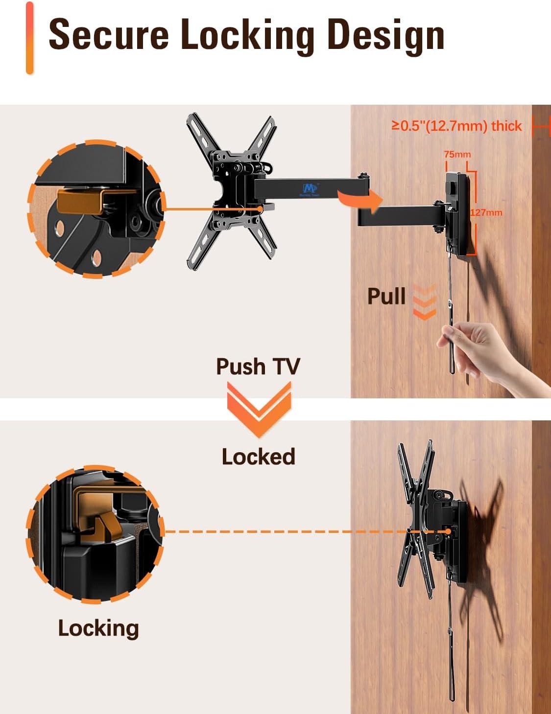 imageMounting Dream UL Listed Lockable RV TV Mount for Most 1343 inch TV RV Mount for Camper Trailer Motor Home Full Motion TV Wall Mount Quick Release with Dual Wall Plates VESA 200mm 22 lbs MD2212